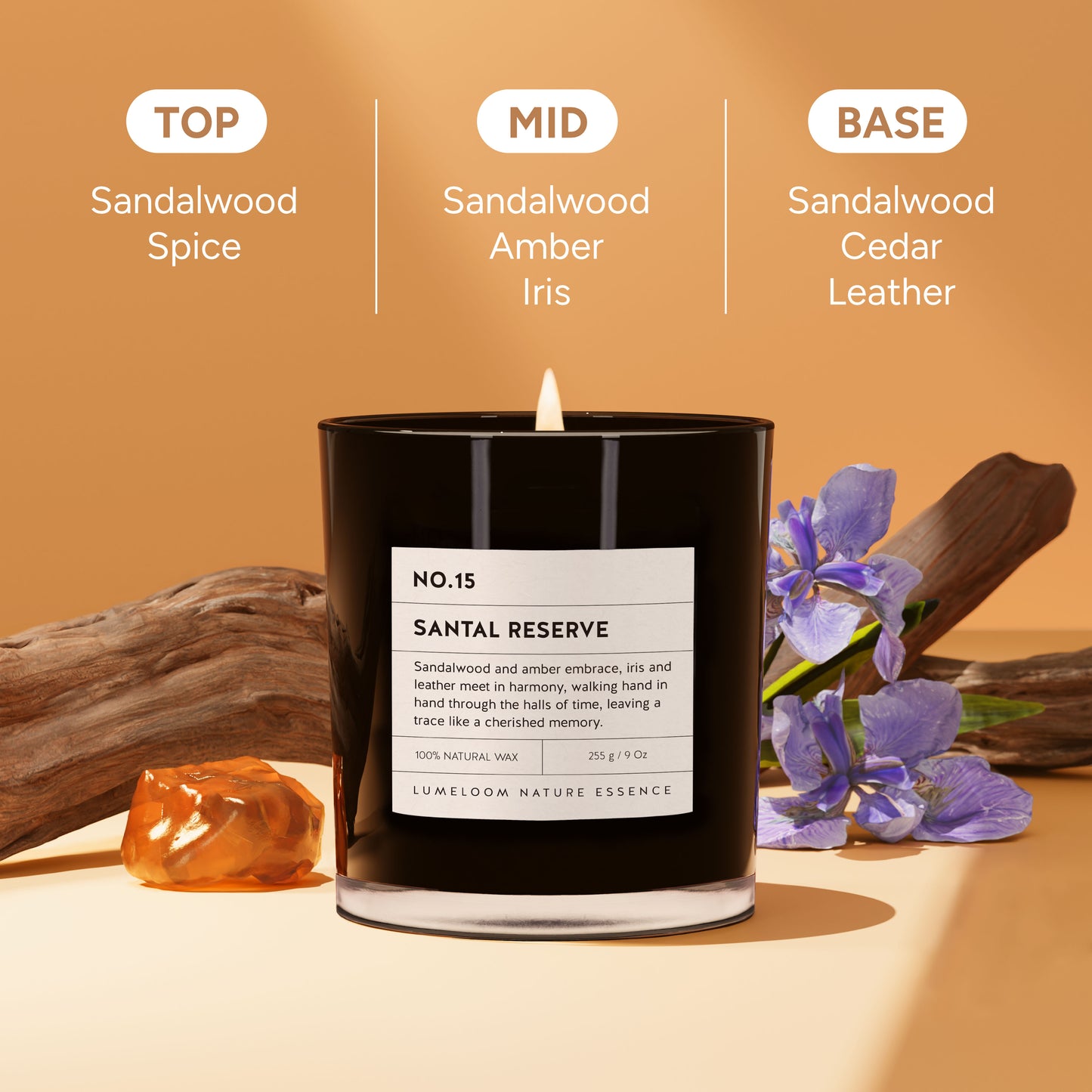 Santal Reserve Scented Candles, Sandalwood, Amber, Iris & Leather Scent
