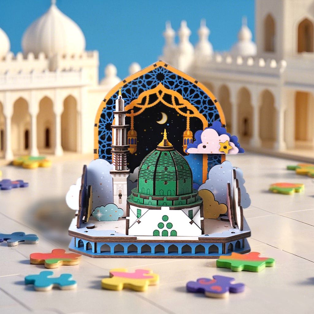 3D Wooden Puzzle Craft Kit - DIY Middle Eastern Green Mosque Design
